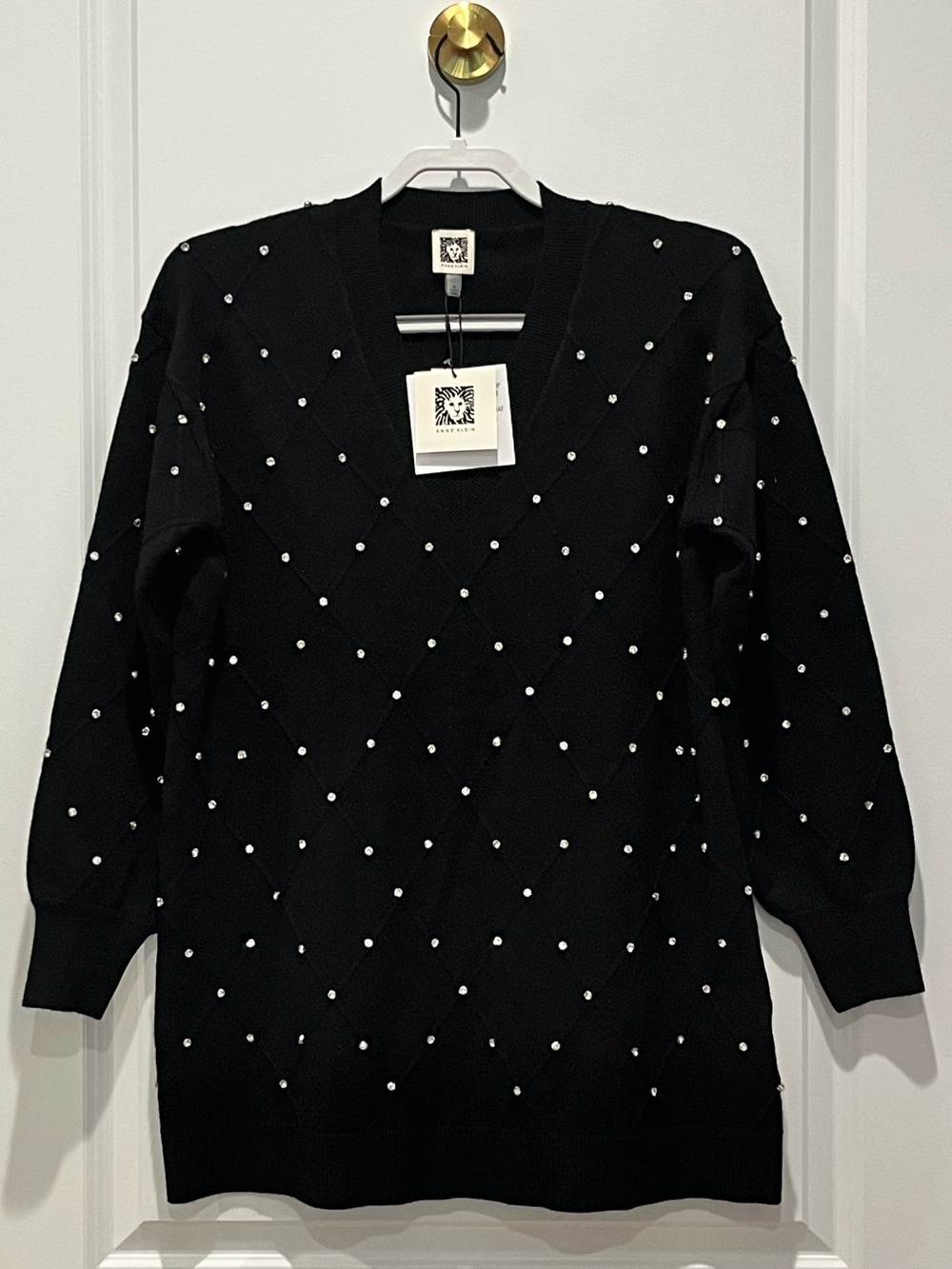 Anne Klein Black V-Neck Sweater with Diamond Rhinestone Accents